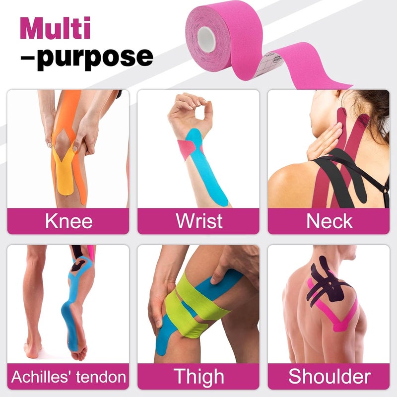 AZEN 3 Rolls Kinesiology Tape, 16.4 ft Waterproof Kinetic Tape for Joints Support and Muscle Pain Relief, Uncut Muscle Tape, Knee Tape, Athletic Tape, Pink - Image 3